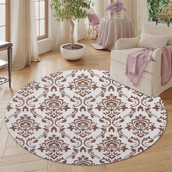Oriental Tribal Floral Round Rug Vintage Brown Pattern Area Rug Washable Soft Non-Slip Floor Carpet Low Pile Accent Rugs for Entryway Living Room Dining Room Bedroom Home Office 3ft
