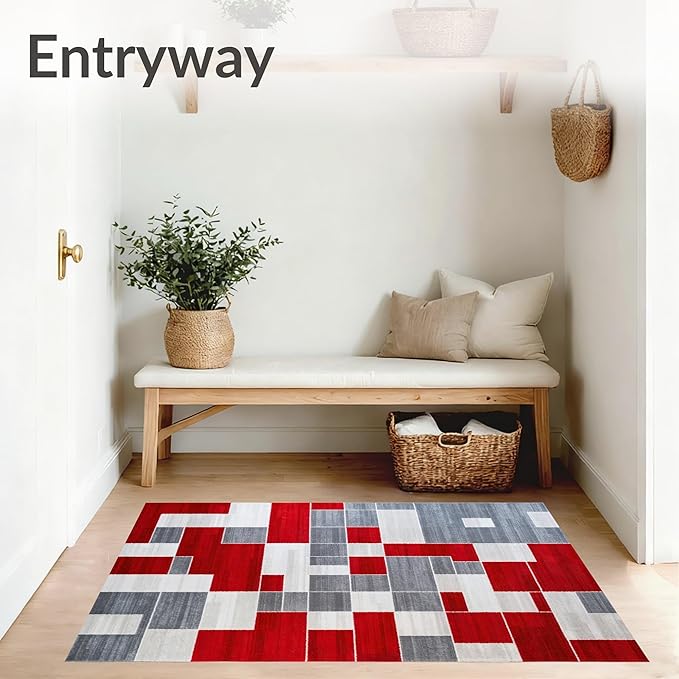 Flatwoven High Traffic Area Rug 5x7, Waterproof Patio with Anthracite Accents, Non Slip, Stain Resistant, Washable Area Rugs for Living Room, Bedroom (Red, 5x7)