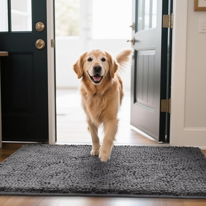 Chenille Absorbent Front Door Mat 60" x 24", Dog Door Mat for Muddy Paws, Dirt Trapper Doormat, Mud Mat for Dogs, Washable Non Slip Outdoor Indoor Doormats for Entryway, Grey