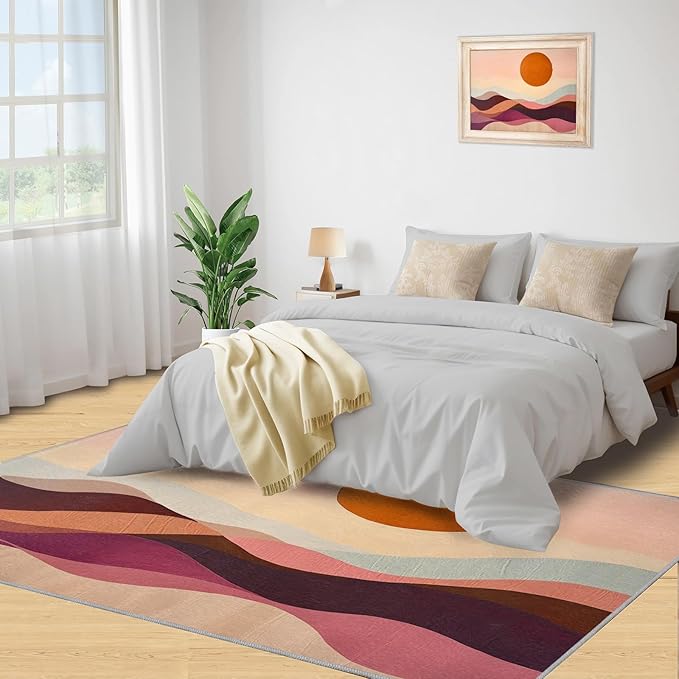 Boho Sun Area Rugs 4x5ft, Minimalist Line Kids Play Rug, Geometric Solar Throw Rugs Bedroom Fluffie Soft for Coffee Shop Living Room Under Table Game Room