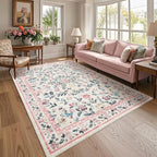 8x10 Washable Floral Distressed Rug, Vintage Farmhouse Area Rug for Living Room, Non-Slip Low Pile Soft Carpet for Nursery Bedroom Dining Room Home Office, Pink