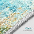Area Rug 4x6 Teal Blue Rug Washable Boho Rugs Non Slip Low Pile Abstract Small Carpet for Entryway, Bedroom, Kitchen, Classroom, Kids Room, Office, Dorm, Dining Room