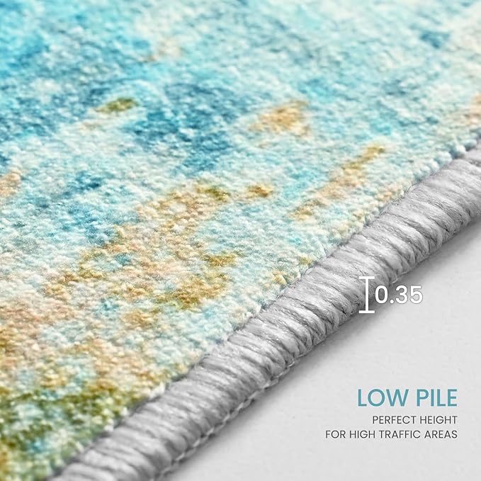 Ompaa Living Room Rug 8x10 Teal Blue Area Rugs Machine Washable Abstract Boho Large Rug Non-Slip Non-Shedding Faux Wool Indoor Vintage Carpet for Bedroom, Classroom, Dining Room, Kids Playroom