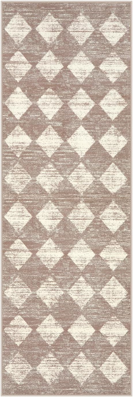 Lahome Moroccan Treills Runner Rug - 2x6 Beige Washable Rug Runner Carpet Runners for Hallway 6ft Non Skid, Checkered Faux Wool Long Kitchen Bathroom Non Skid Runners for Bedroom Hallway Entryway