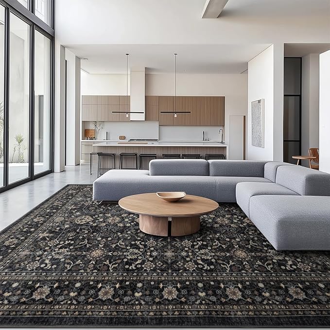 Area Rug Non Slip Machine Washable Ultra Soft Living Room/Bedroom/Kitchen/Outdoor/Classroom Black Grey, 8'×10'