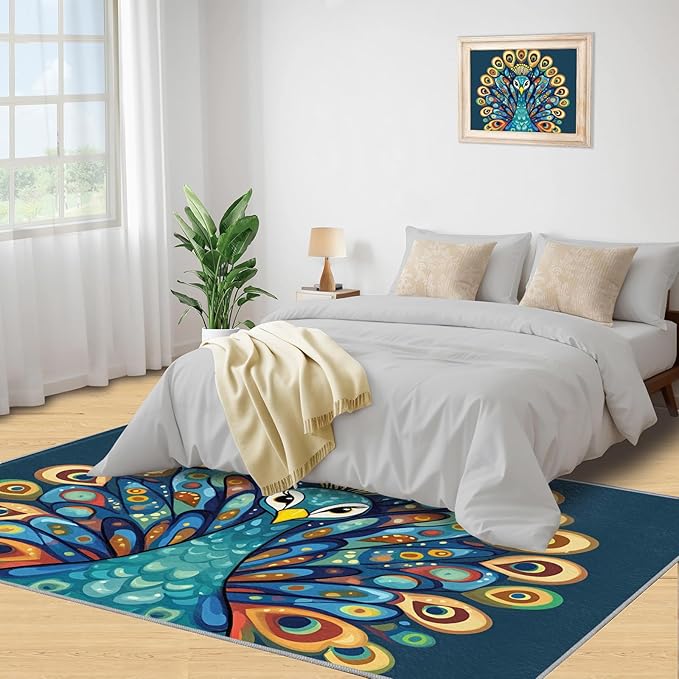 Boho Peacock Rugs for Living Room - 6x8 Rug, Peacock Decor Area Rugs for Bedroom, Teal Turquoise Rug, Modern Style Washable Carpet, Aesthetics Carpet - Peafowl Home Decor & Gifts