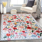 Floral Rug 4x6 Vintage Print Rug Washable Low Pile Living Room Non Slip Carpet for Bedroom, Farmhouse, Dining Room