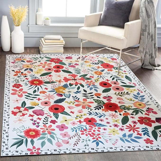 Floral Rug 4x6 Vintage Print Rug Washable Low Pile Living Room Non Slip Carpet for Bedroom, Farmhouse, Dining Room