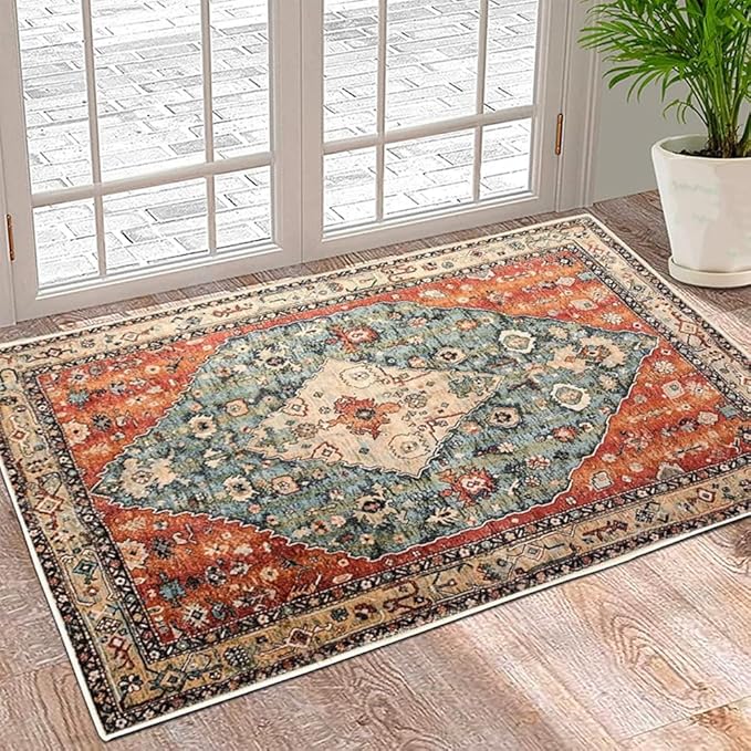Boho Vintage Oriental Entry Rugs for Entrance Non-Slip Washable Tribal Small Area Rug,Ultra Soft Bohemian Floral Medallion Low-Pile Indoor Front Door Mat for Bedroom Kitchen Bathroom 16" x 24"