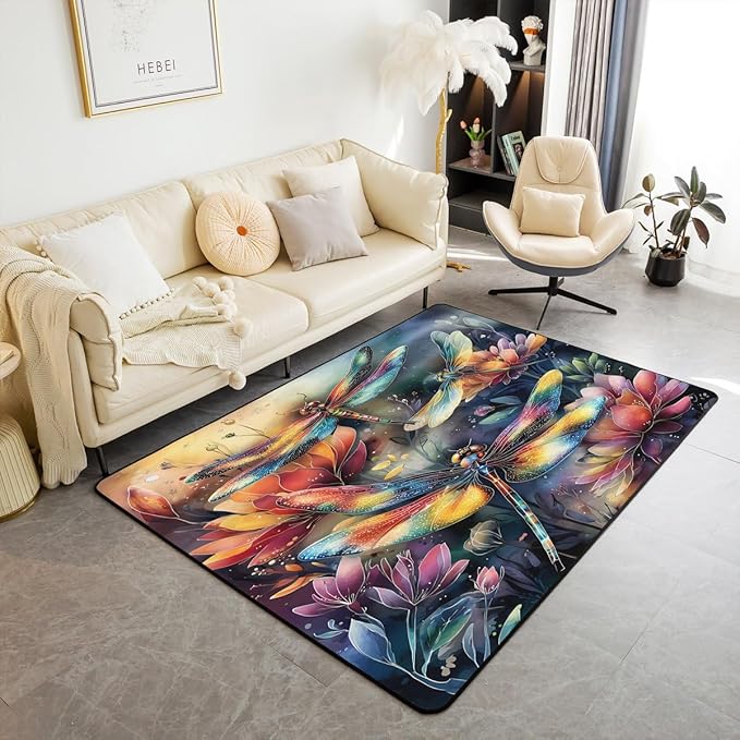 Dragonfly 3x5 Area Rug Colorful Flowers Rugs for Living Room | Watercolor Beetles Washable Rug, Dreamy Rustic Aesthetic Animal Carpet Indoor Floor Mat