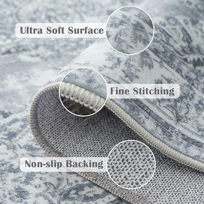 jinchan Fiora Washable Area Rug 3x5 Entryway Rug - Distressed Vintage Floral Ultra-Thin Low-Pile Soft Non-Shedding Indoor Floor Carpet for Kitchen Bedroom Entrance Laundry Living Room(3x5ft, Grey)