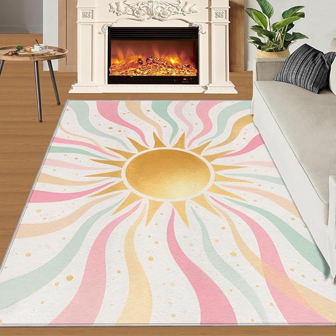 Boho Sun Area Rugs 3x5ft, Minimalist Sunburst Boys Rugs for Bedroom, Abstraction Deco Kids Room Rug Soft Fuzzy Washable for Living Room Game Room Coffee Table