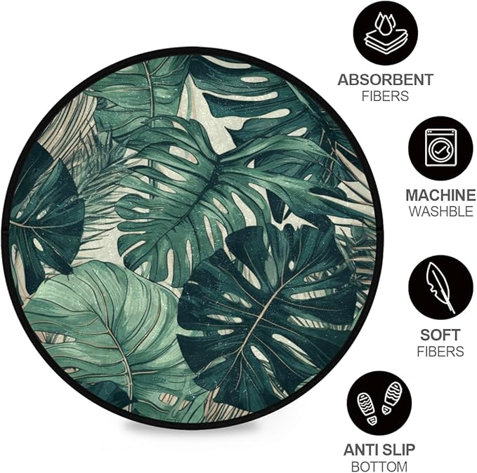 Small Round Area Rug, Washable & Non Slip Soft Rugs for Cozy Home Decor Monstera Leaves Pattern for Living Room, Bedroom, Entryway, Indoor & Outdoor Use