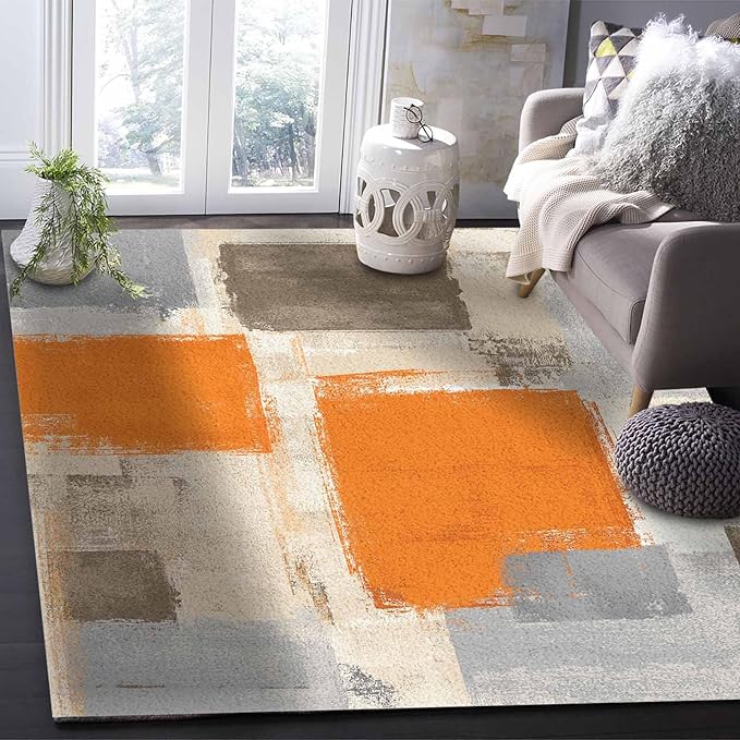 Orange Rectangular Area Rugs for Living Room Bedroom 5 x 8 ft Abstract Paint Texture Modern Art Non-Shedding Soft Low Pile Rug Non Slip Washable Rug for Nursery Entryway Playroom