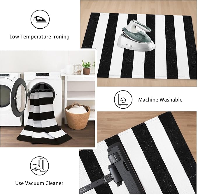 Striped Outdoor Rug 3'x5', Cotton Hand Woven Front Door Mat,Washable Reversible Outside Porch Rug, Foldable Layered Doormat for Entryway/Home Entrance/Farmhouse(Black and White)