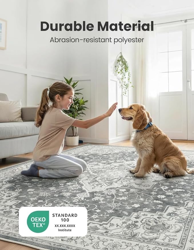 Marsail 8x10 Machine Washable Area Rug,Soft & Slip-Resistant, Vintage Floral Short-Pile with Reinforced Bound Edges, Large Rug for Living Room, Dining Room, Bedroom,Light Grey