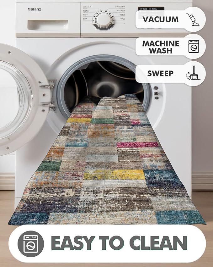LUMI Washable Runner Rug, 3'x10' Non-Slip Hallway Mat, Low Profile Thin Long Carpeet for Laundry Kitchen Bedroom Office, Multicolor