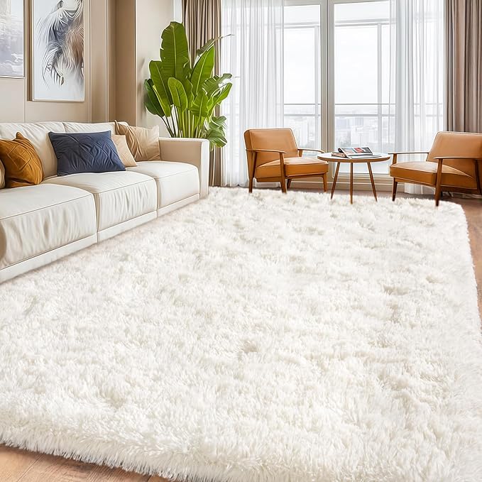 Cream White Plush Rug for Living Room Fuzzy Carpet for Bedroom Dorm, Non-Slip High Pile Rug, Shag Rug for Playroom Nursery Home Office Decor 4X6 Ft