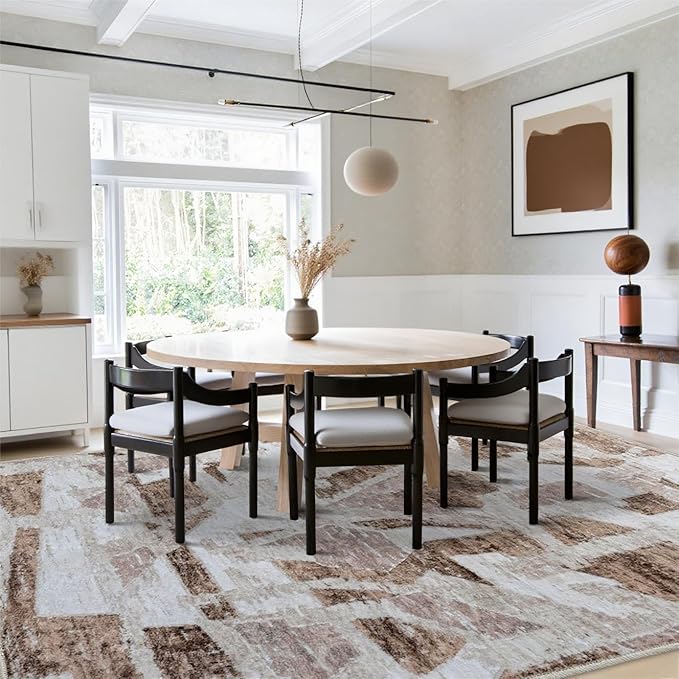 Brown 6X9 Area Rugs for Living Room Bedroom,Modern Abstract Large Carpet Washable Rugs 6X9 for Dining Room Office,Non Slip Print Faux Wool Thin 6 by 9 Indoor Nursery Kids Home Pet & Child Friendly