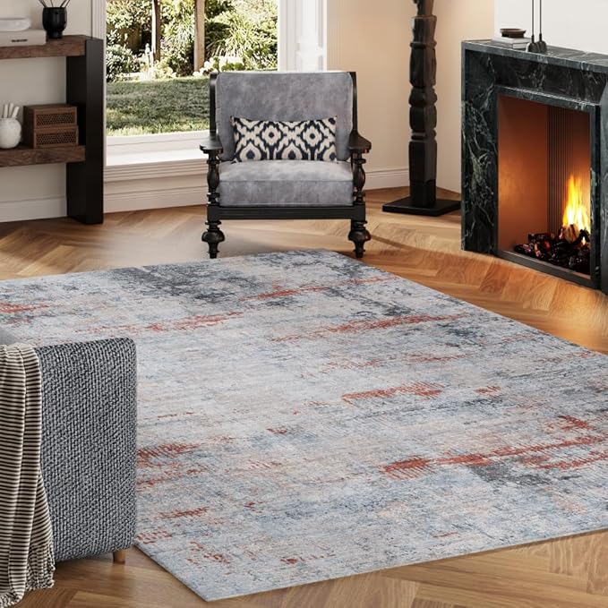 Area Rug 4x6 Washable Rug Grey and Brown for Living Room, Dining Room, Bedroom, Large Carpets, Non Slip & Non-Shedding Low Pile Vintage Print Rug for Home Office Decor