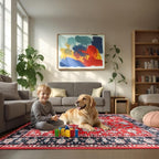 Area Rug for Living Room, 6x9 Machine Washable Non Slip Large Faux Wool Throw Rug, 0.3″ Low Pile & Non-Shedding Boho Large Carpet Rugs for for Dining Room, Bedroom, Office (Black Red)