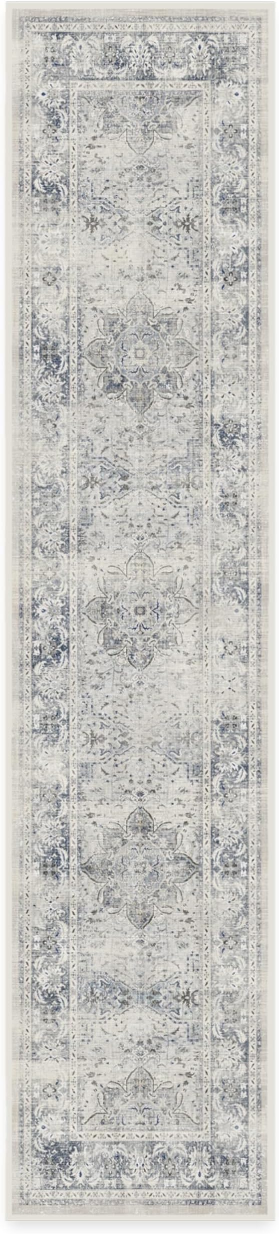 RUGGABLE Washable Vintage Runner Rug – Sarrah Blue Quartz 2.5x12, Stain-Resistant, Non-Slip Hallway Runner – Machine Washable Rug for Hallway, Entryway, Living Room & Kitchen–with Standard Pad