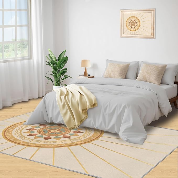 Boho Sun Area Rugs 6x9ft, Minimalist Line Fluffie Rugs for Living Room, Geometric Solar Nursery Rug with Under Rug Non Slip Tape for Bedroom Kids Room