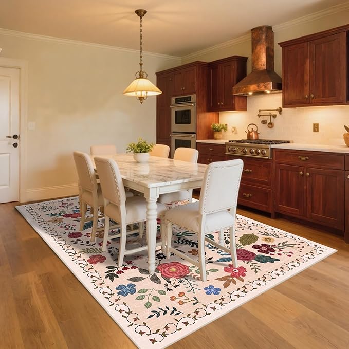 9x12 Area Rugs for Living Room Clearance Washable Boho Area Rug, Vintage Floral Non Slip Low Pile Large Rug for Living Room, Bedroom, Dining Room, Farmhouse (9 x 12 Beige Red)