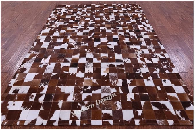 Modern Design Premium Cowhide Leather Carpet with Chevron Pattern, Area Rug (Brwon/White, 5x8)