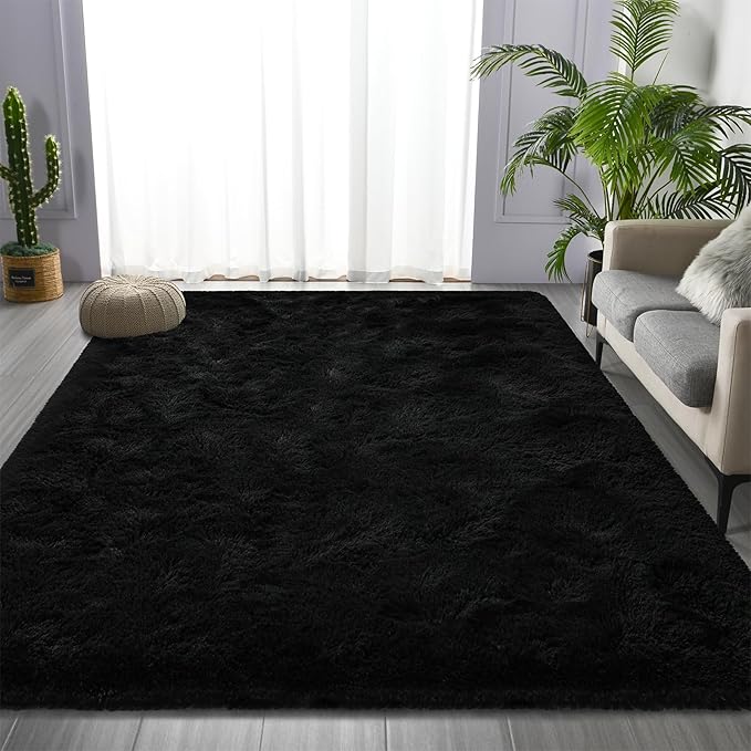 Large Shag Area Rugs 6 x 9, Plush Fuzzy Rugs for Living Room, Ultra Soft Fluffy Furry Rug for Bedroom, Indoor Carpet Nursery Rugs for Kids Room Home Decor, Black