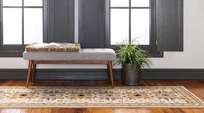 Unique Loom Taftan Collection Border Geometric Tribal Inspired Design Area Rug (3' 0 x 16' 5 Runner, Ivory/ Tan)