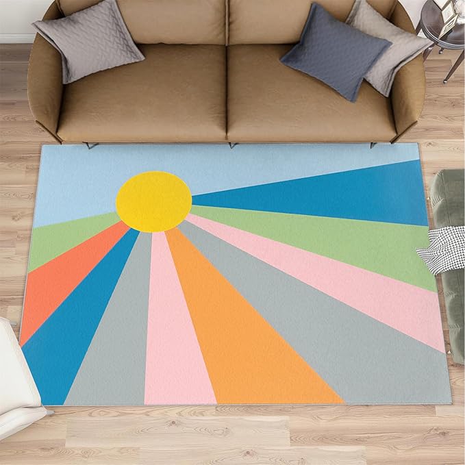 Boho Sun Area Rugs 6x8ft, Abstraction Deco Living Room Area Rug, Minimalist Sunburst Play Rug with Carpet Tape Double Sided for Bedroom Office Home Decor
