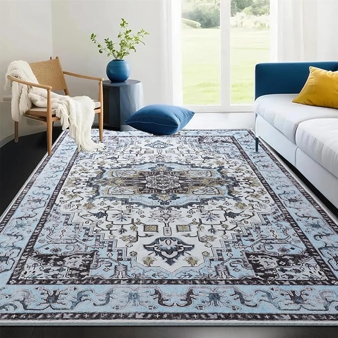 8x10 Large Area Rugs for Living Room, Washable Vintage Rugs-Low Pile Carpet, Non-Slip Soft Distressed Printed Patterns Rugs for Bedroom, Dining Room, Blue