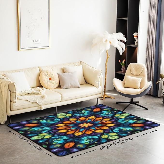Vintage Mandala 5x7 Area Rug Bohemian Style Watercolor Flower Living Room Rug | Boho Floral Rugs for Bedroom, Antique Decor Victorian Damask Carpet Indoor Floor Mat