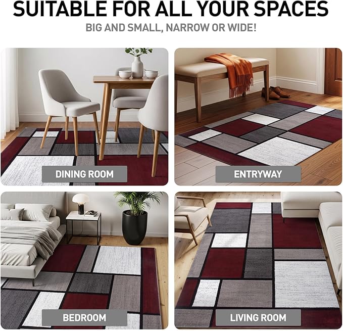 Rugshop Modern Geometric Boxes Red Area Rug, Carpet with Jute Backing for Hallway, Entryway, or Laundry Room, 2' x 7'2"