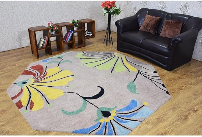 Rugsotic Carpets Hand Tufted Wool ECO-Friendly Area Rugs - 8'x8', Octagon Shape, Camel, Floral Modern Design, High Pile Thick Handmade Anti Skid Area Rugs for Living Room, Bed Room (K00219)