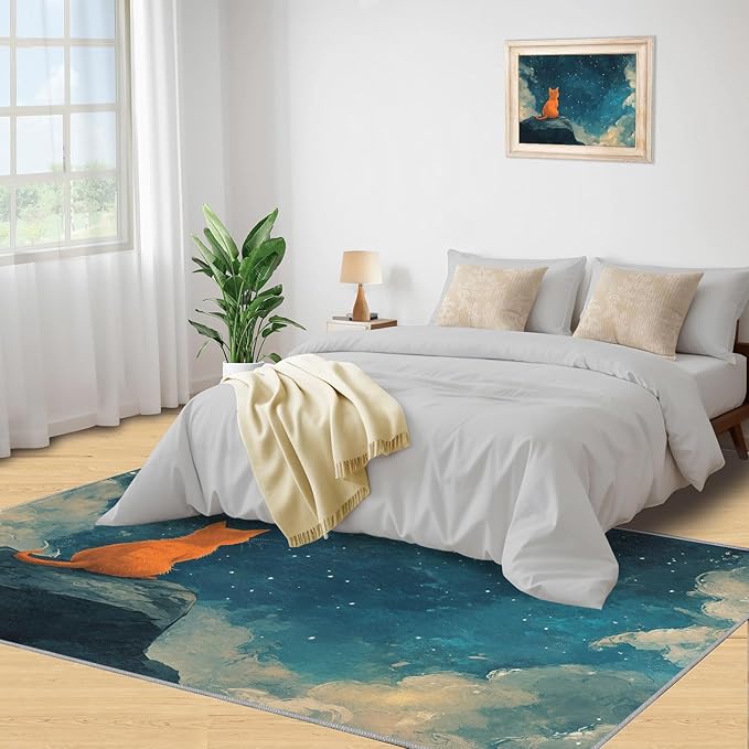 Orange Cat Rugs for Bedroom - 3x4 Area Rug - Cartoon Starry Sky Rugs for Living Room, 3D Cute Cat Rug, Non-Slip Washable Home Decor Carpet
