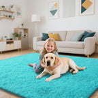 Teal Blue Rug Fluffy Rug, 9x12 Teal Area Rugs for Living Room, Soft Cute Baby Play Mat, Teal Rugs for Bedroom, Nursery, Preppy Dorm, Plush Aesthetic