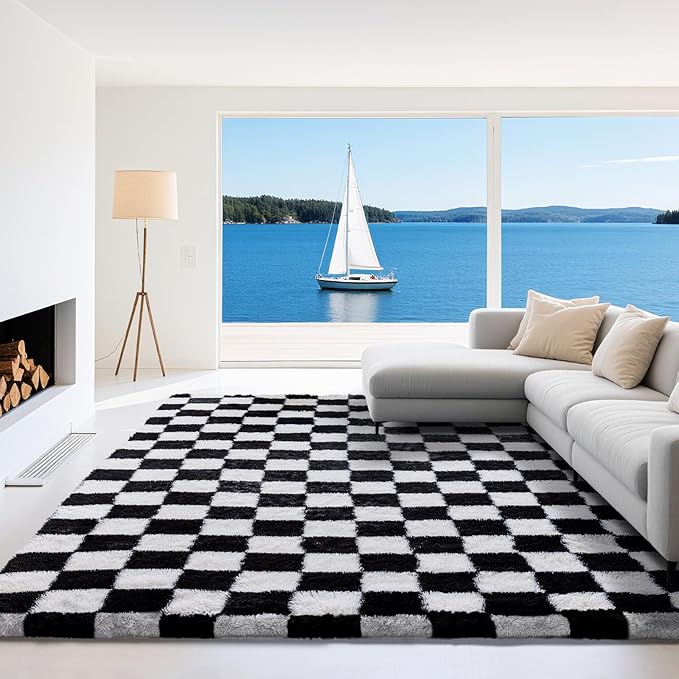 8x10 Area Rugs for Living Room Bedroom, Soft Fluffy Shaggy Bedside Rug, Indoor Floor Carpet for Kids Playroom, Dorms, Nursery Rooms, Home Decor (Black & White 8'x10')