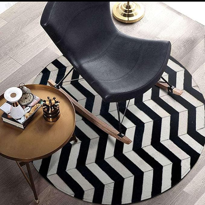 Round Cowhide Rug Black and White – Handmade Genuine Leather Chevron Patchwork Carpet – Modern Luxury Hide Area Rug for Living Room Bedroom Office Rustic Farmhouse Home Décor, (8×8ft)