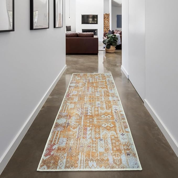 GLN Rugs Traditional Collection - Machine Washable Area Rug, Traditional Washable, Non Slip, Low Pile Chenille Rug, Living Room, Bedroom, Kitchen Rug (2'6" x 10' Sand/Light Gray)
