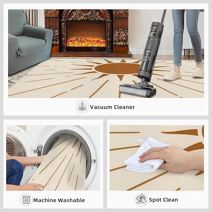 Boho Sun Area Rugs 5x8ft, Radiant Sunburst Living Room Carpet, Geometric Solar Decorative Carpet Protect Floor for Bedroom Men Office Hardwood Floors