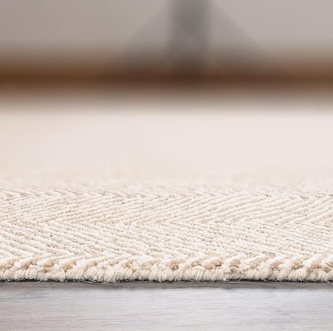 Modern Herringbone Chevron Collection Handcrafted Wool Area Rug - Durable, Zigzag Pattern, for High Traffic, Contemporary Design for Living Room, Bedroom, Dining Room Decor (Sand Beige, 9' x 13')