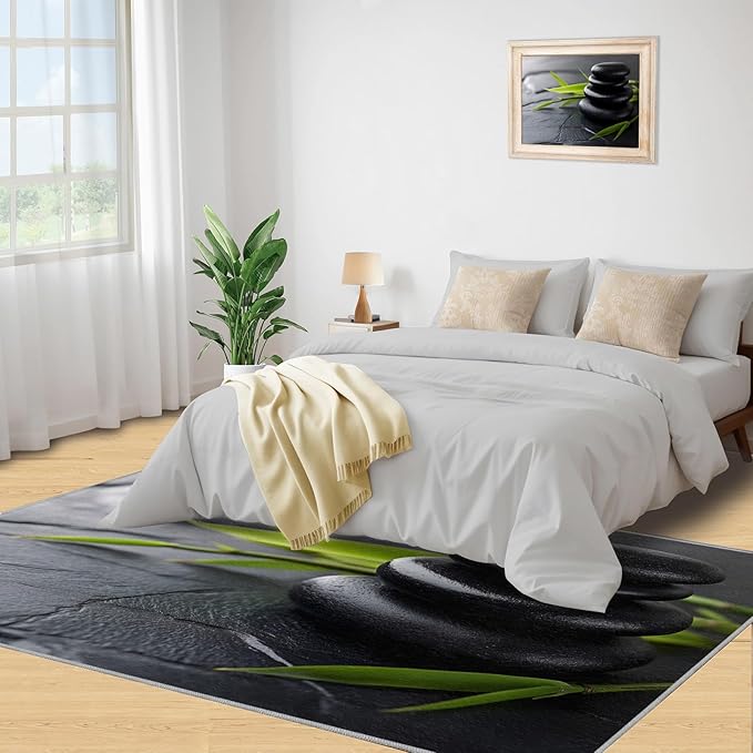 Zen Buddhism Rugs for Bedroom - 6x9 Area Rug - Black Zen Dianthus Leaf Rugs for Living Room, Meditation Yoga Rug, Washable Home Decor Carpet