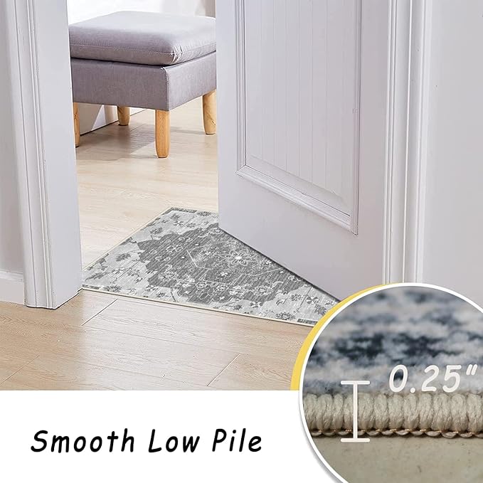 vivorug 9x12 Area Rugs, Stain Resistant Washable Rug for Living Room, Vintage-Inspired Grey Floral Rug