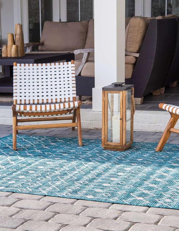 Unique Loom Outdoor Trellis Collection Area Rug - Tribal Trellis (7' 10" x 10' Rectangle Teal/Ivory)