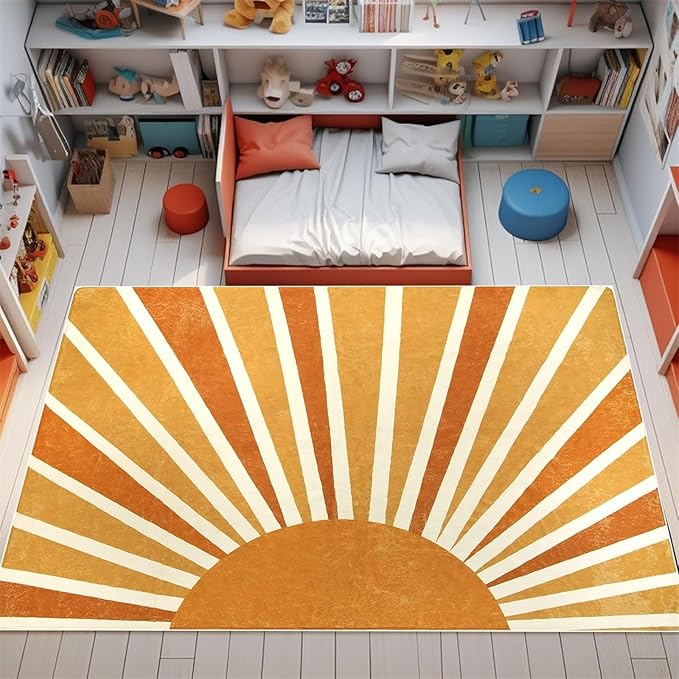 Rainbow Sun Area Rug,6x8ft,Boho Kids Room Area Rug, Living Room Decorative Rainbow Rug for Kids Girls Boys Bedroom, Living Room, Classroom, Office Non-Slip Washable