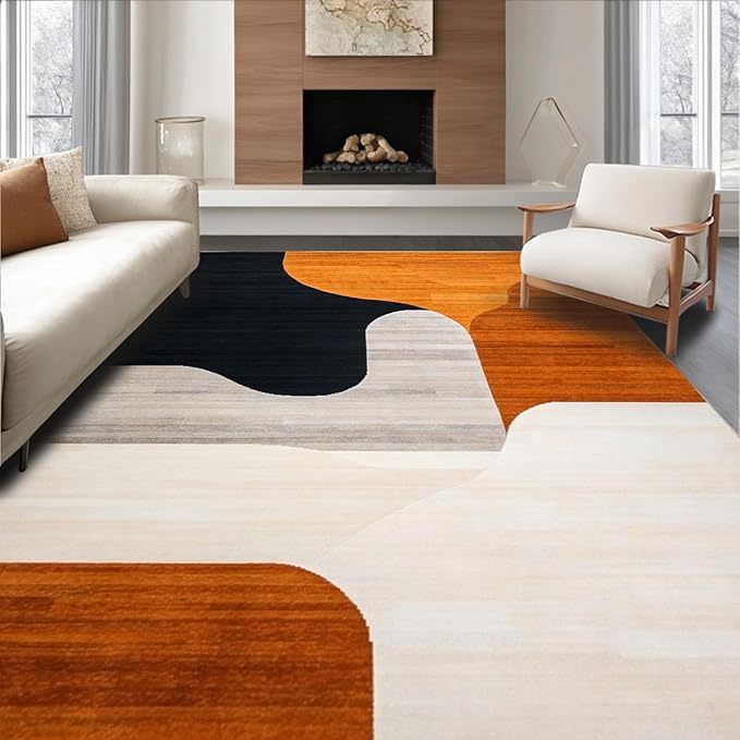 Flatwoven High Traffic Area Rug 6x9, Black Orange Abstract Geometric Shape, Non Slip, Stain Resistant, Washable Area Rugs for Living Room, Bedroom (Orange, 6x9)