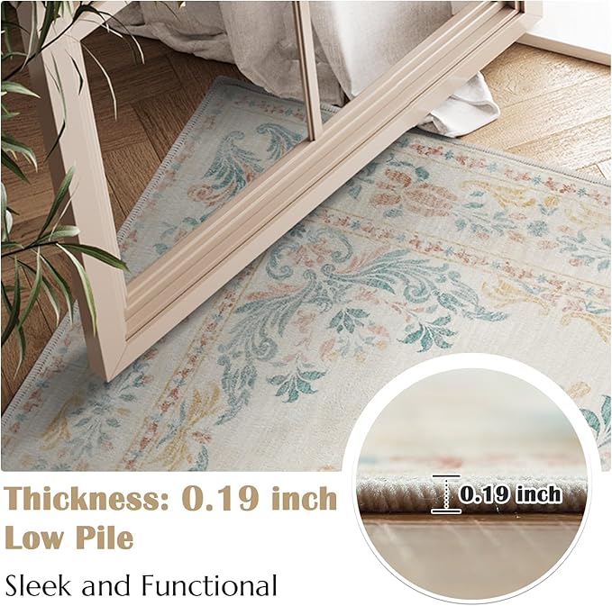 jinchan Spring Floral 2x3 Rugs for Entryway - Vintage Washable Area Rug Ultra-Thin Low Pile Soft Small Non Slip Distressed Indoor Doormat Accent for Entrance Kitchen Bedroom (2x3ft, Apricot Multi)
