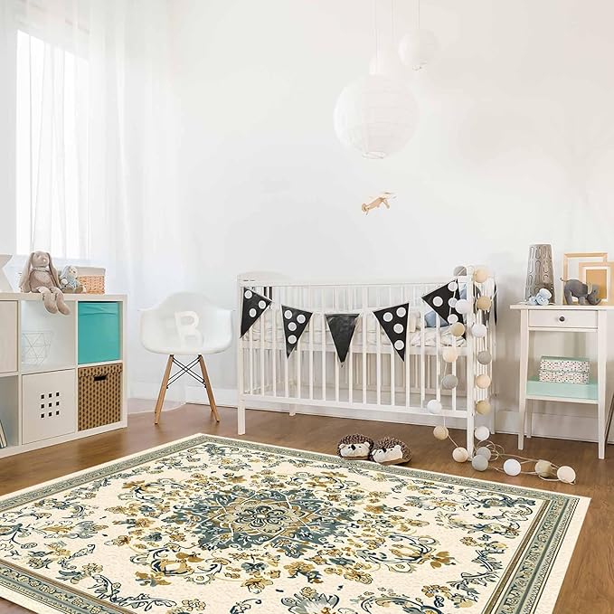 Bohemian Rectangular Area Rugs for Living Room Bedroom 5 x 8 ft Vintage Farmhouse Floral Pattern Non-Shedding Soft Low Pile Rug Non Slip Washable Rug for Nursery Entryway Playroom